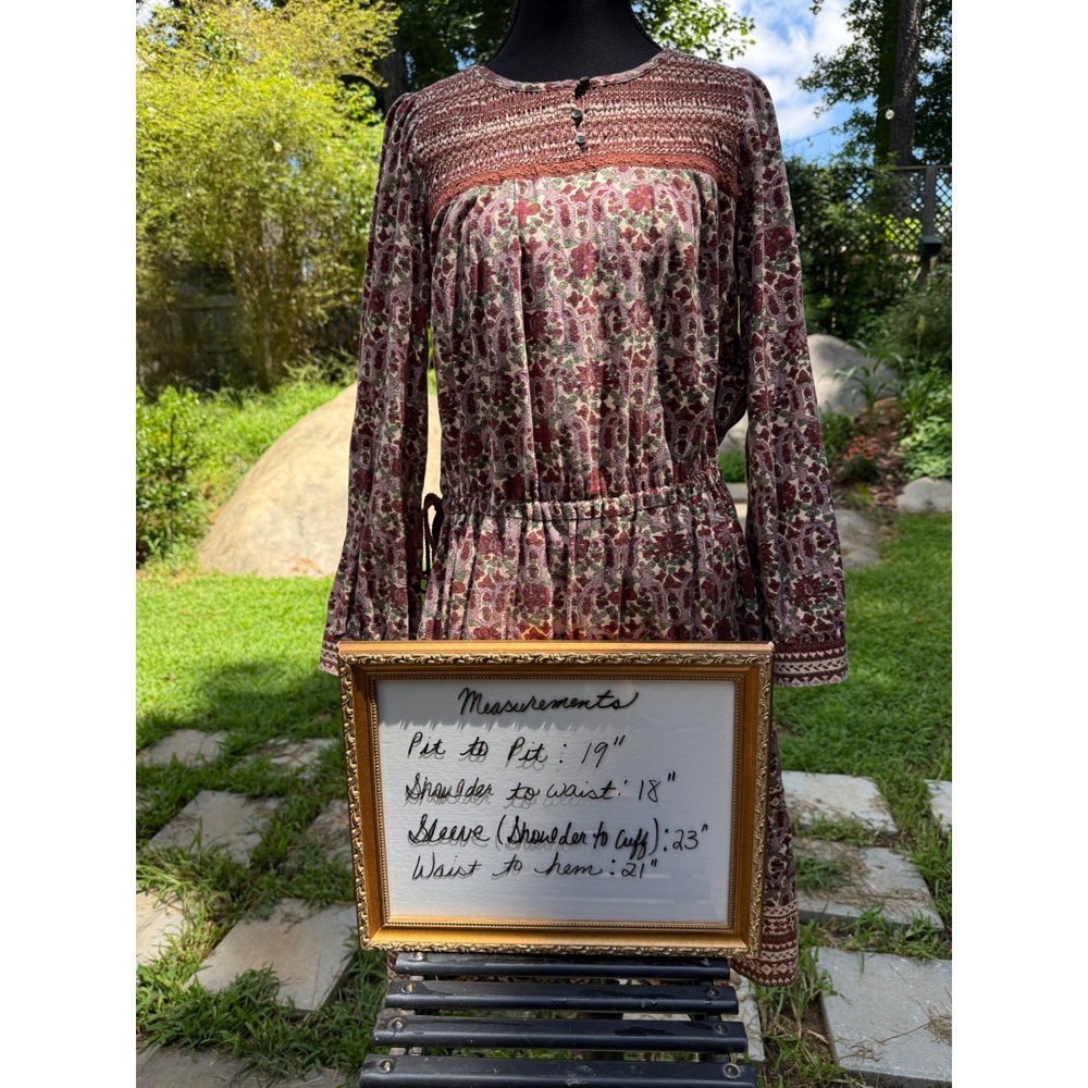 Thursday Island Floral Smocked Boho Midi Dress Burgundy Multi Long Sleeve - Picture 11 of 11